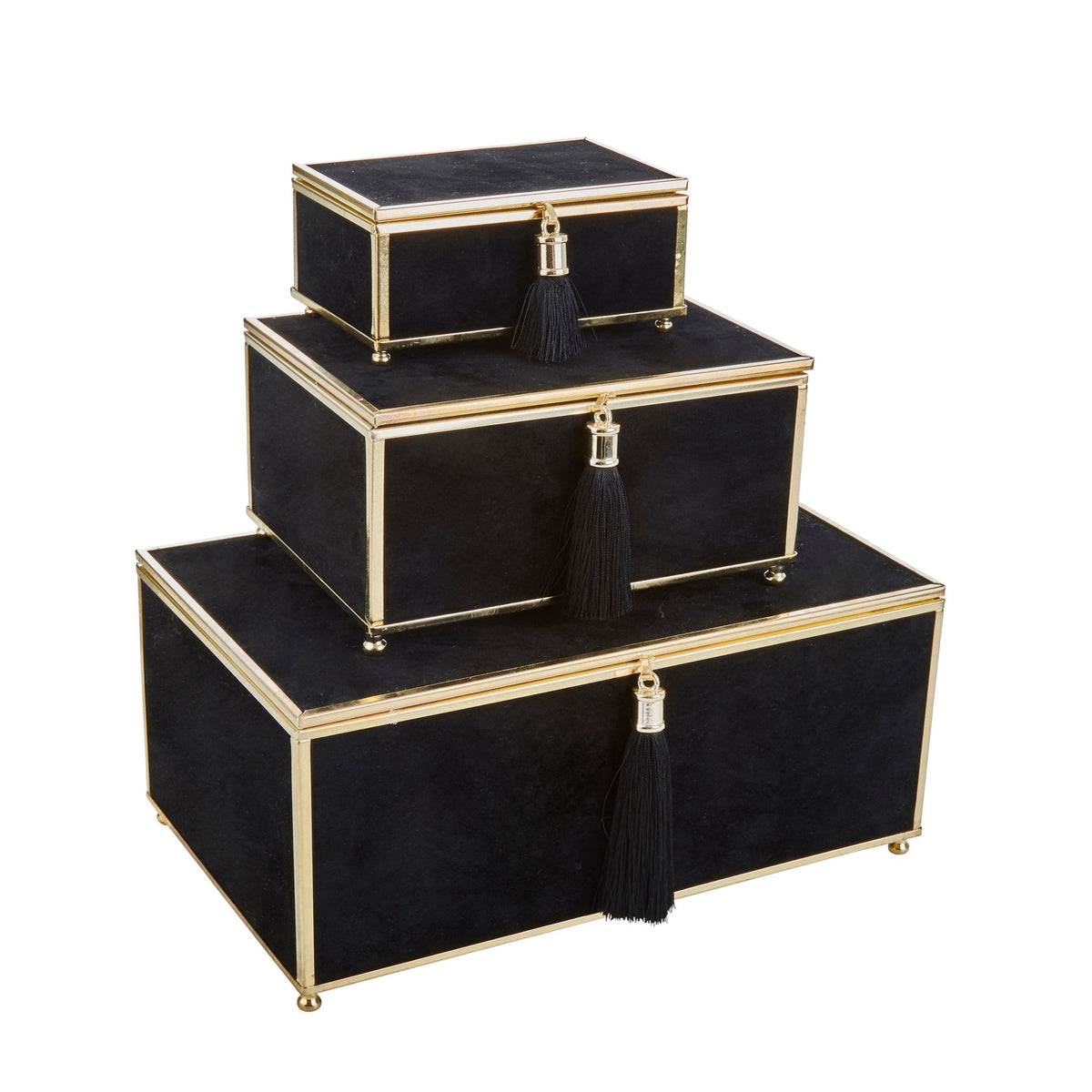 S/3 BLACK VELVETEEN BOXES W/ TASSEL Box| Sagebrook Home