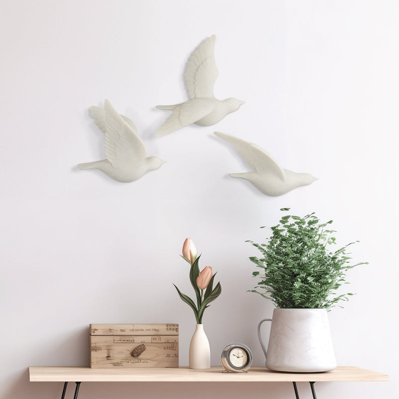 S/3 Horizon Quartz Resin Bird Wall Decor, White - Al Rugaib Furniture