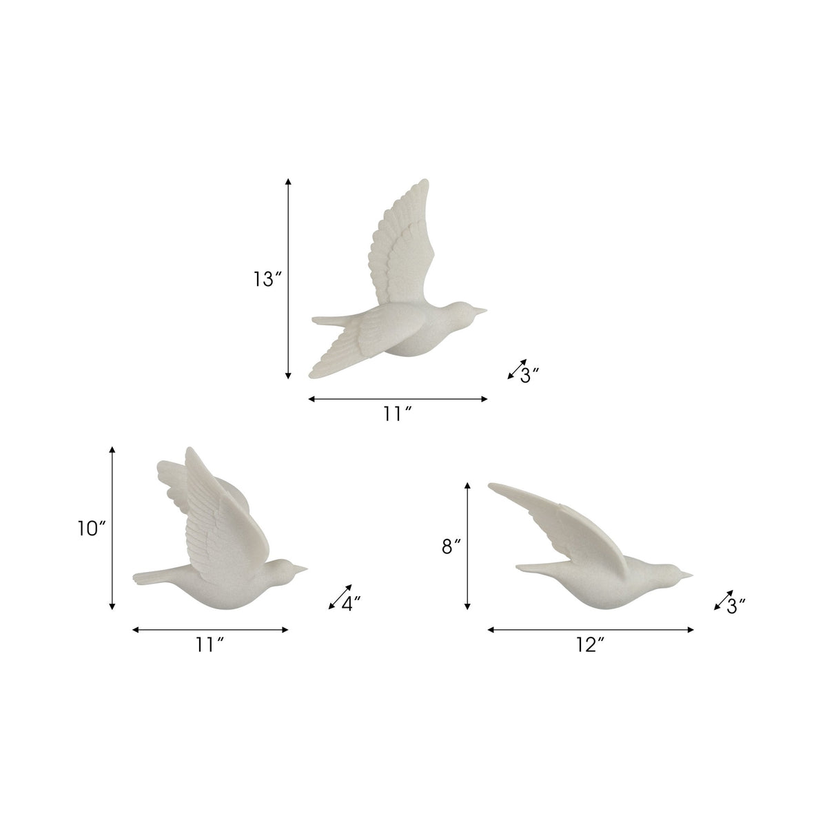 S/3 Horizon Quartz Resin Bird Wall Decor, White Wall Shelf| Sagebrook Home