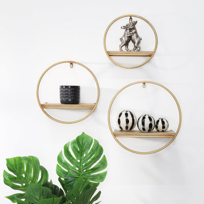 S/3 METAL & WOOD WALL SHELVES,BRONZE - Al Rugaib Furniture