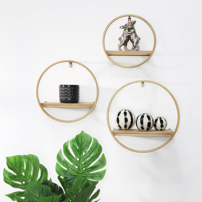 S/3 METAL & WOOD WALL SHELVES,BRONZE - Al Rugaib Furniture