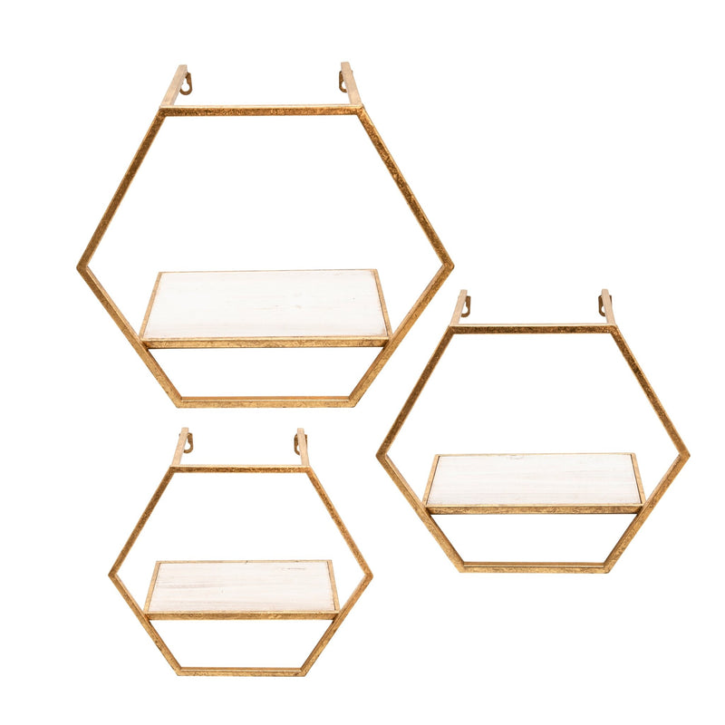 S/3 METAL/WOOD HEXAGON WALL SHELVES, GOLD - Al Rugaib Furniture