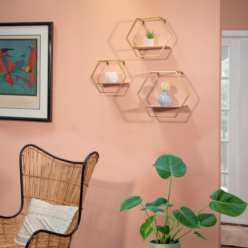 S/3 METAL/WOOD HEXAGON WALL SHELVES, GOLD - Al Rugaib Furniture
