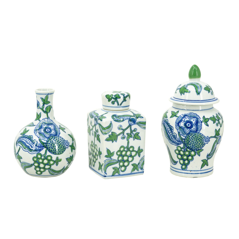 S/3 Porcelain Blue And White Cherry Blossom Lidded Jar & Vase - Al Rugaib Furniture