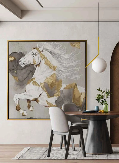 Square Canvas Wall Art Stretched Over Wooden Frame with Gold Floating Frame and Legendary Horse Oil Painting