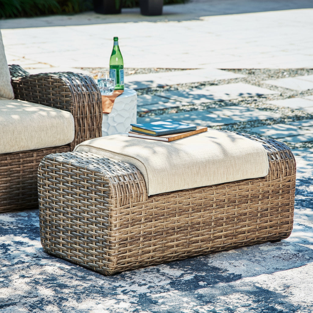 Sandy Bloom Outdoor Ottoman with Cushion Outdoor Chairs| Ashley Homestore