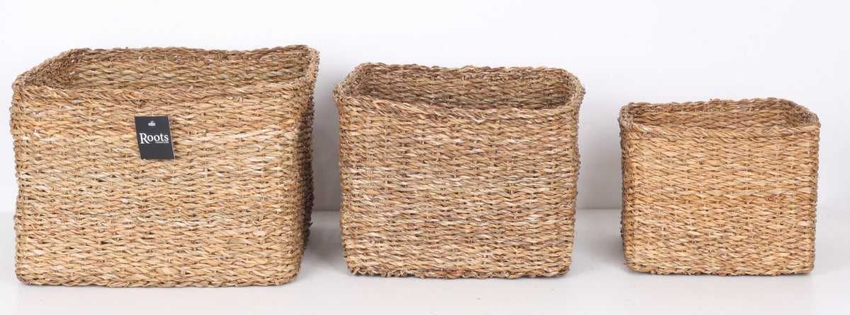 SEAGRASS SQUARE BASKET WITH SELF HANDLE - SET OF 3 Baskets| Roots Furniture