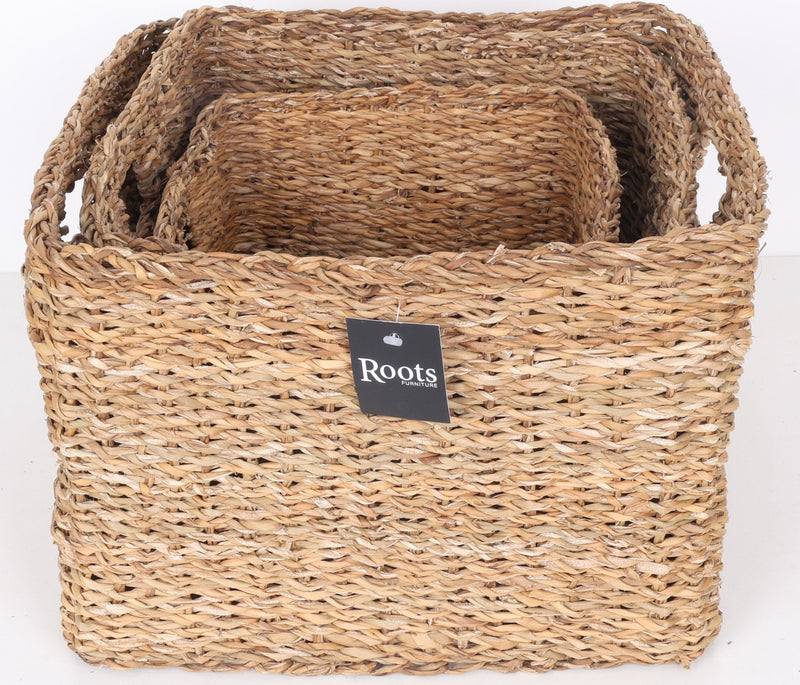 SEAGRASS SQUARE BASKET WITH SELF HANDLE - SET OF 3 - Al Rugaib Furniture