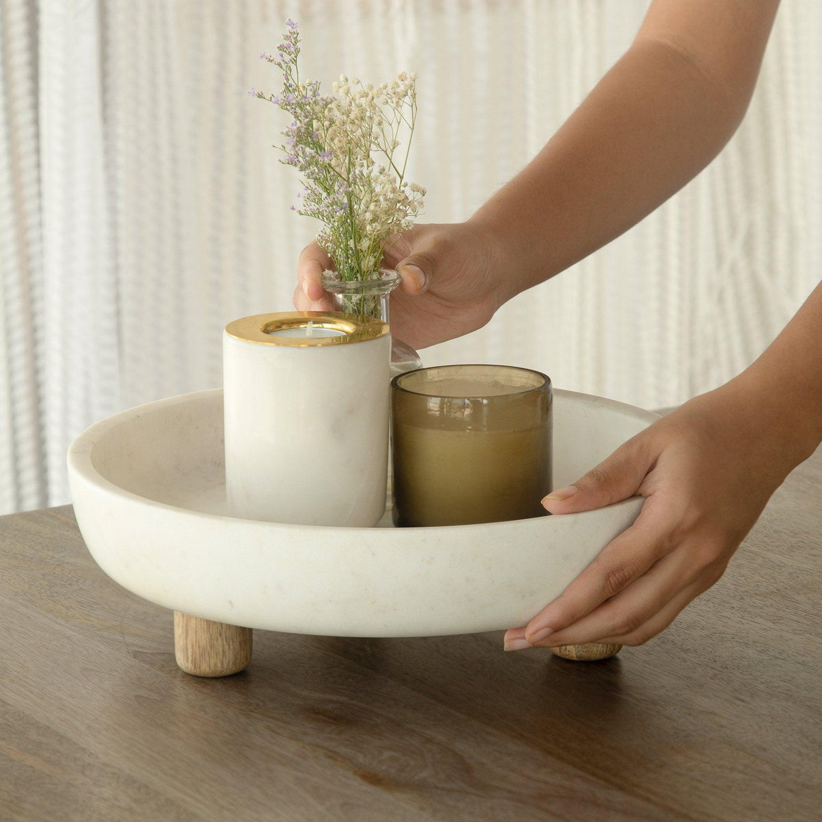 Selene marble bowl with wooden legs Tray| Roots Furniture