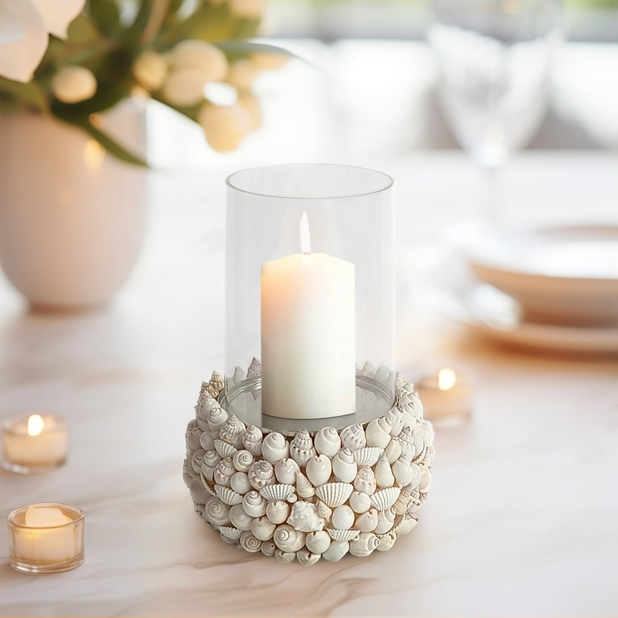 Shell, 9" Hurricane, White Candle Holders| Sagebrook Home