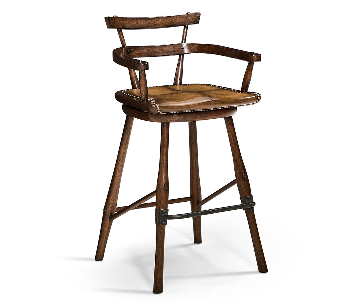Sherwood Oak Collection - Dark Oak Arm Bar Stool with A Studded Dark Antique Leather Seat Ground Decors| Jonathan Charles