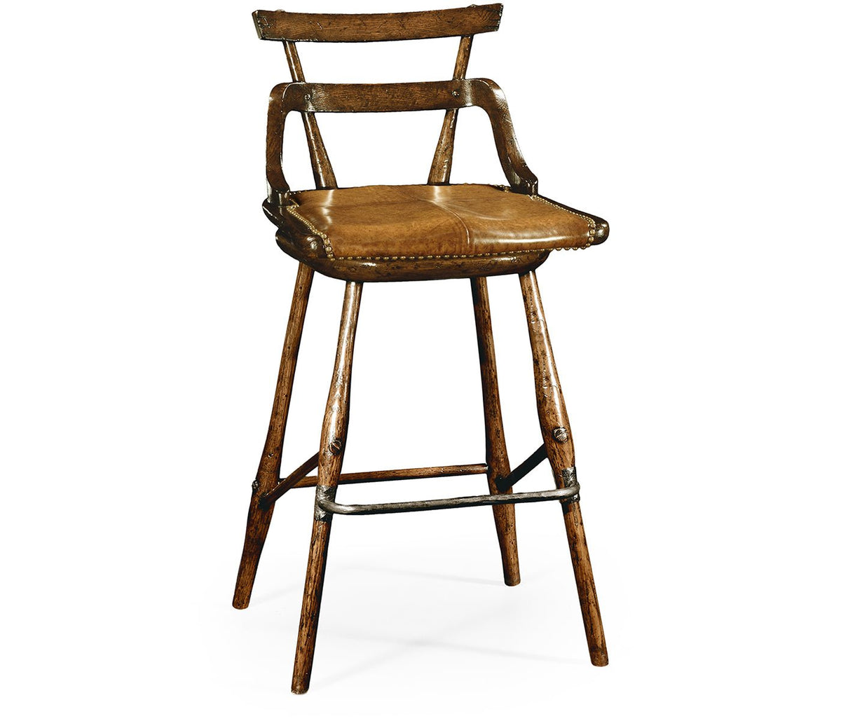 Sherwood Oak Collection - Dark Oak Side Bar Stool with a Studded Dark Antique Leather Seat Ground Decors| Jonathan Charles