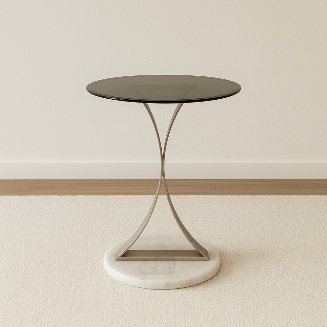 Side Table with Glass Top and Curved Metal Frame on Marble Base End Table| Otath