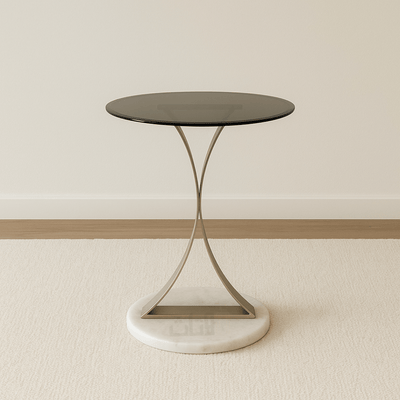 Side Table with Glass Top and Curved Metal Frame on Marble Base - Al Rugaib Furniture