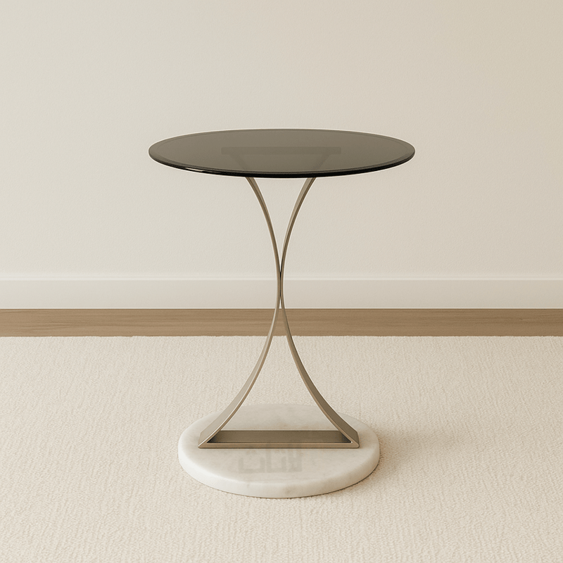Side Table with Glass Top and Curved Metal Frame on Marble Base - Al Rugaib Furniture