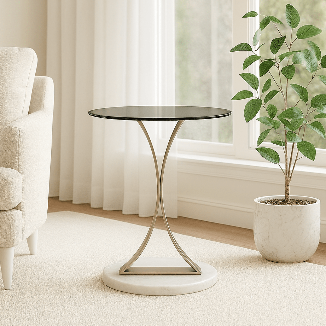 Side Table with Glass Top and Curved Metal Frame on Marble Base End Table| Otath
