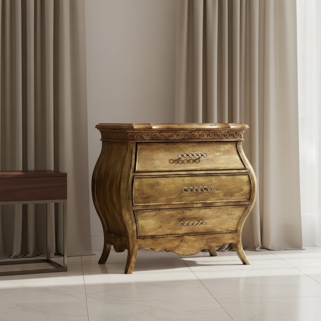 SMALL THREE DRAWER BOMBE NIGHTSTAND Nightstands| Hooker