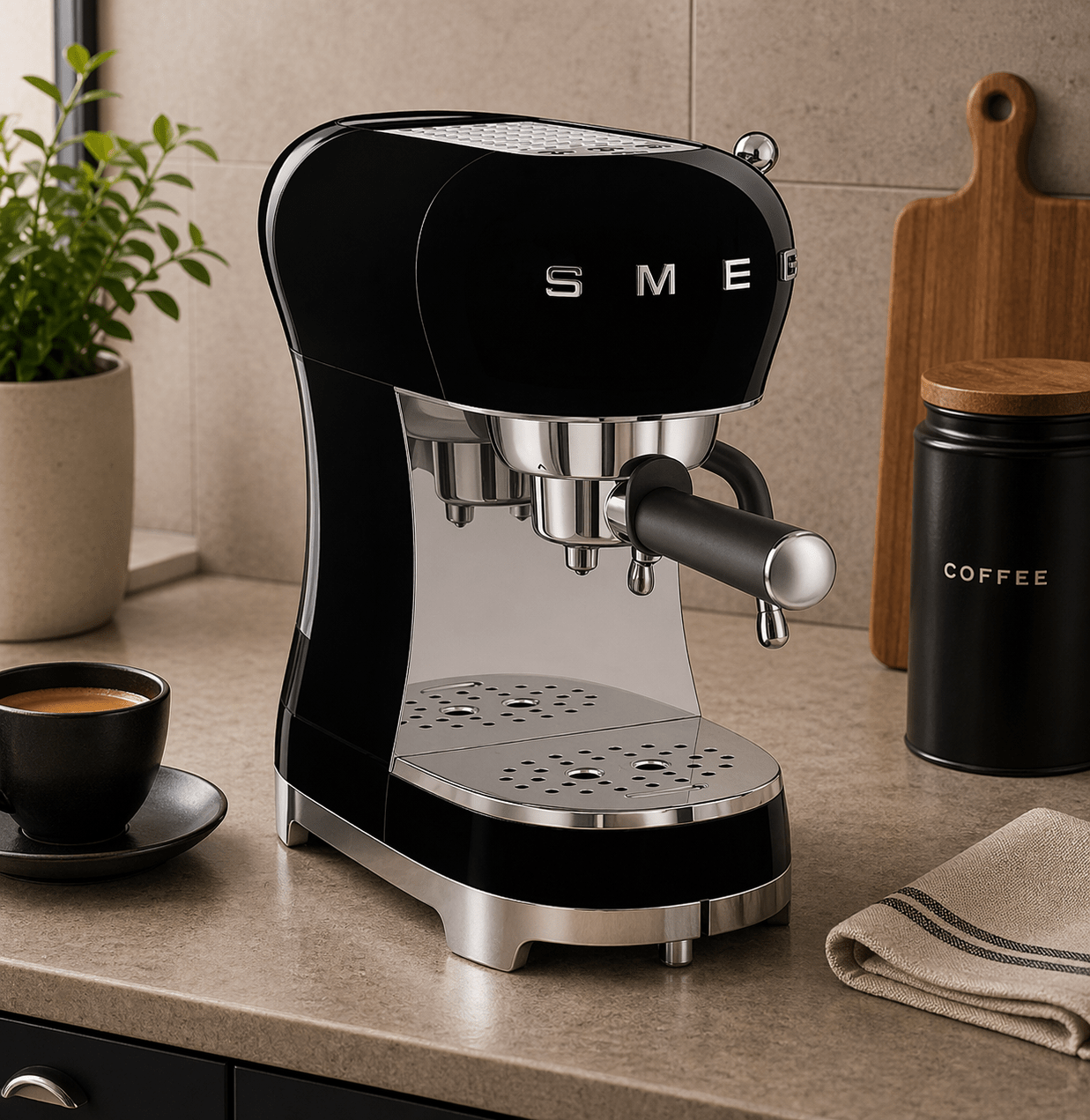 Smeg 50’s Retro Style Espresso Coffee Machine with Pump, Black Coffee Machines| SMEG