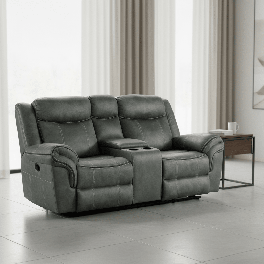 Sorrento Motion Loveseat with Console in FB367 Charcoal Recliners| Roots Furniture