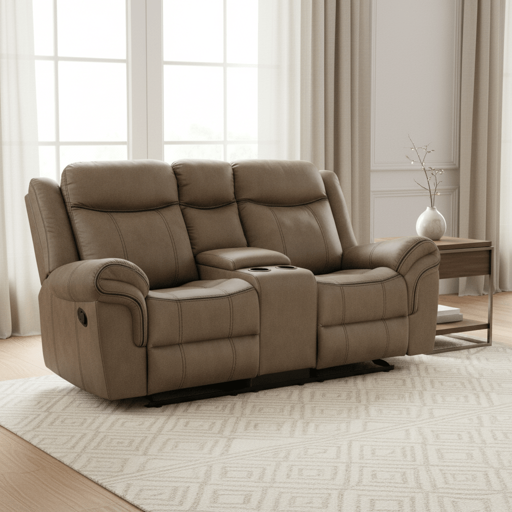 Sorrento Motion Loveseat with Console in T101 Brown Recliners| Roots Furniture