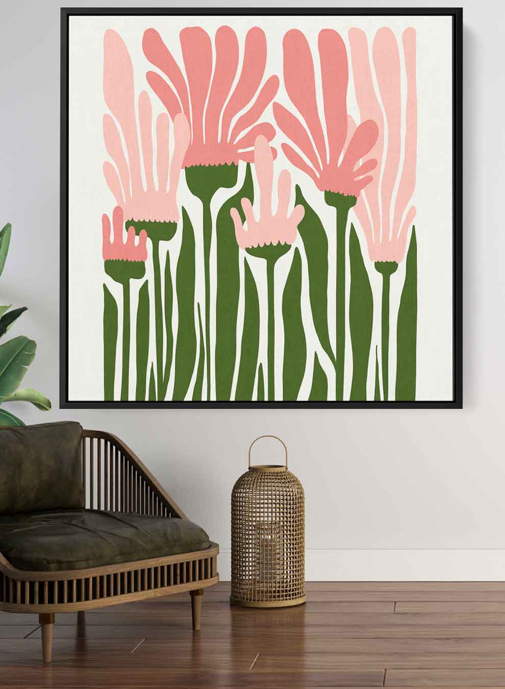 Square Canvas Wall Art Stretched Over Wooden Frame with Black Floating Frame and Abstract Floral Painting Paintings & Pictures| LOWHA