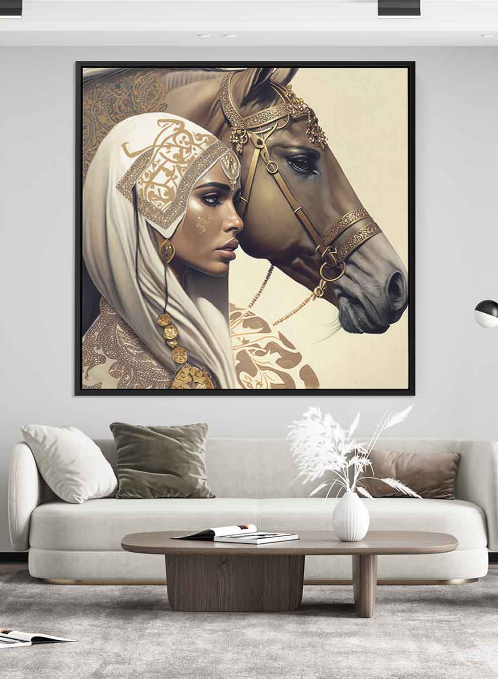 Square Canvas Wall Art Stretched Over Wooden Frame with Black Floating Frame and Arab Woman With Horse Painting Paintings & Pictures| LOWHA