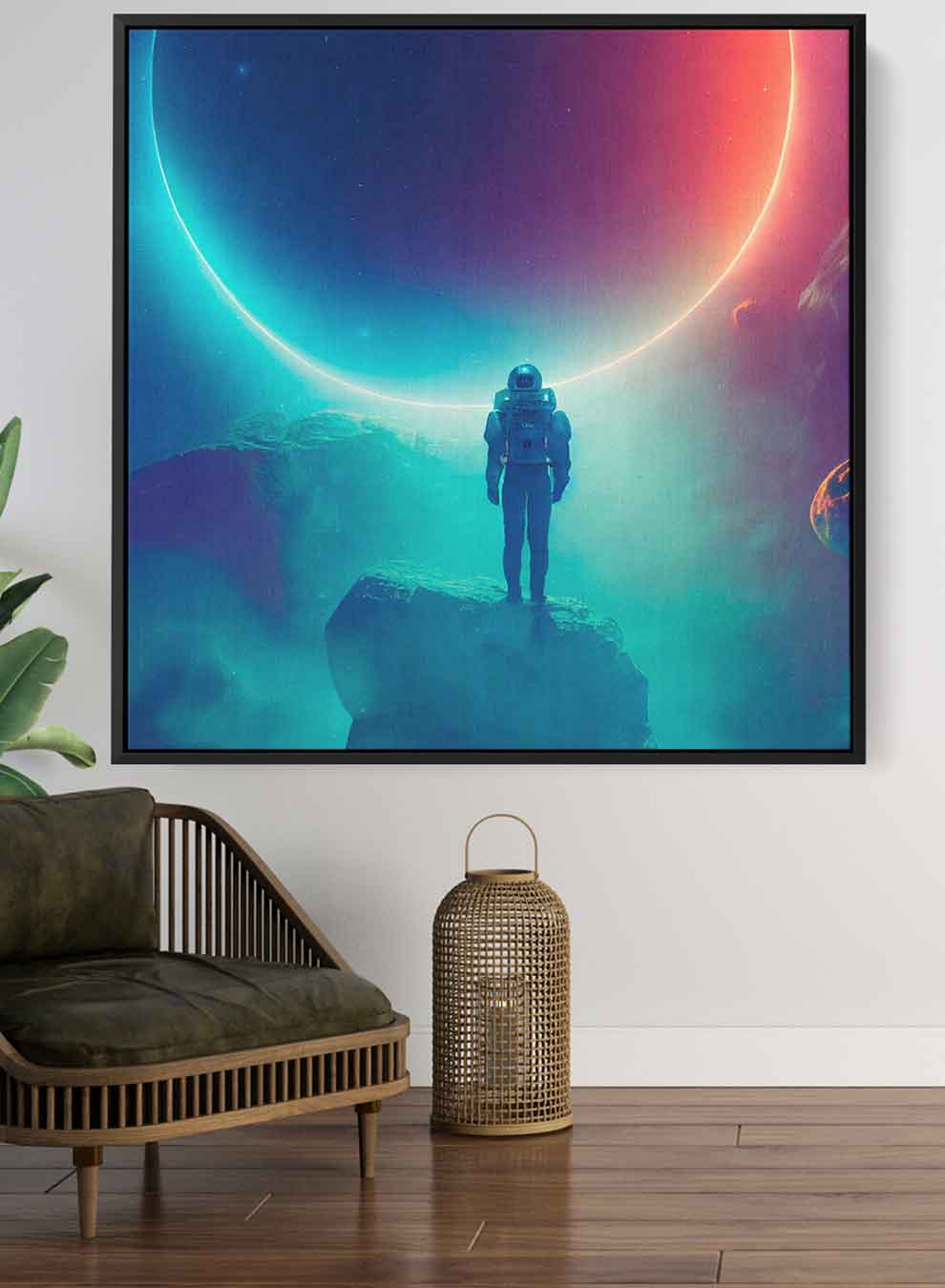 Square Canvas Wall Art Stretched Over Wooden Frame with Black Floating Frame and Astronaut Watching Eclipse Painting Paintings & Pictures| LOWHA
