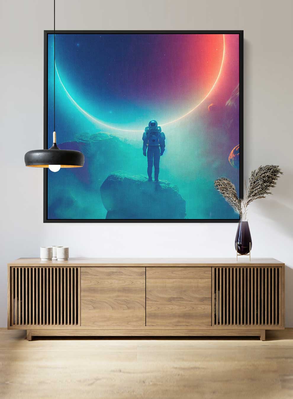 Square Canvas Wall Art Stretched Over Wooden Frame with Black Floating Frame and Astronaut Watching Eclipse Painting Paintings & Pictures| LOWHA
