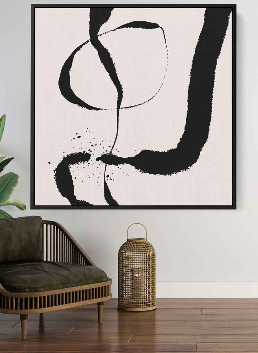 Square Canvas Wall Art Stretched Over Wooden Frame with Black Floating Frame and Black Abstract Painting Paintings & Pictures| LOWHA