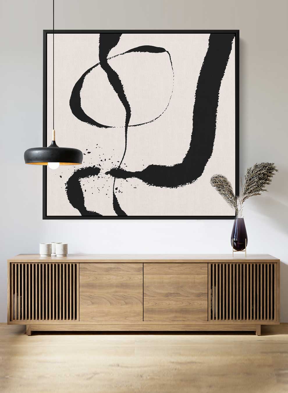 Square Canvas Wall Art Stretched Over Wooden Frame with Black Floating Frame and Black Abstract Painting Paintings & Pictures| LOWHA