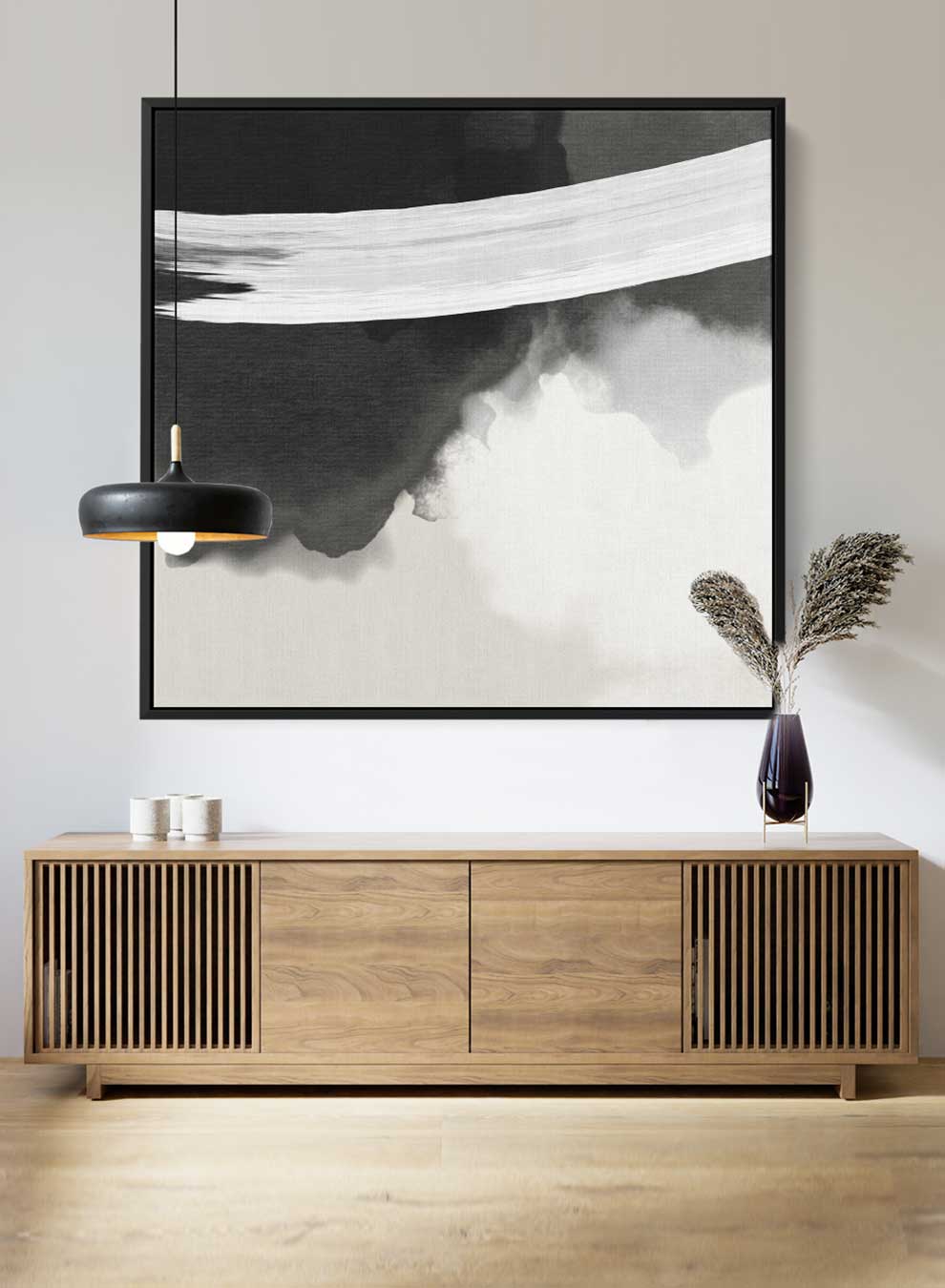 Square Canvas Wall Art Stretched Over Wooden Frame with Black Floating Frame and Black White Abstract Art Paintings & Pictures| LOWHA