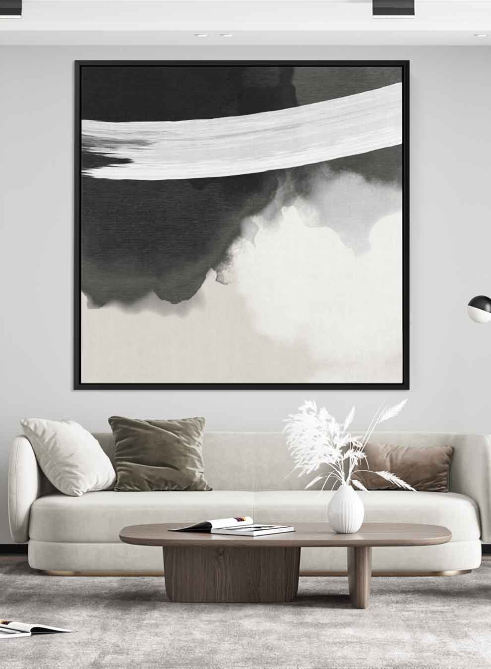 Square Canvas Wall Art Stretched Over Wooden Frame with Black Floating Frame and Black White Abstract Art Paintings & Pictures| LOWHA