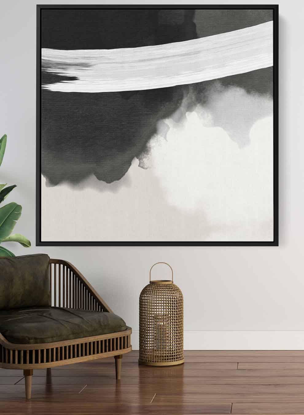 Square Canvas Wall Art Stretched Over Wooden Frame with Black Floating Frame and Black White Abstract Art Paintings & Pictures| LOWHA