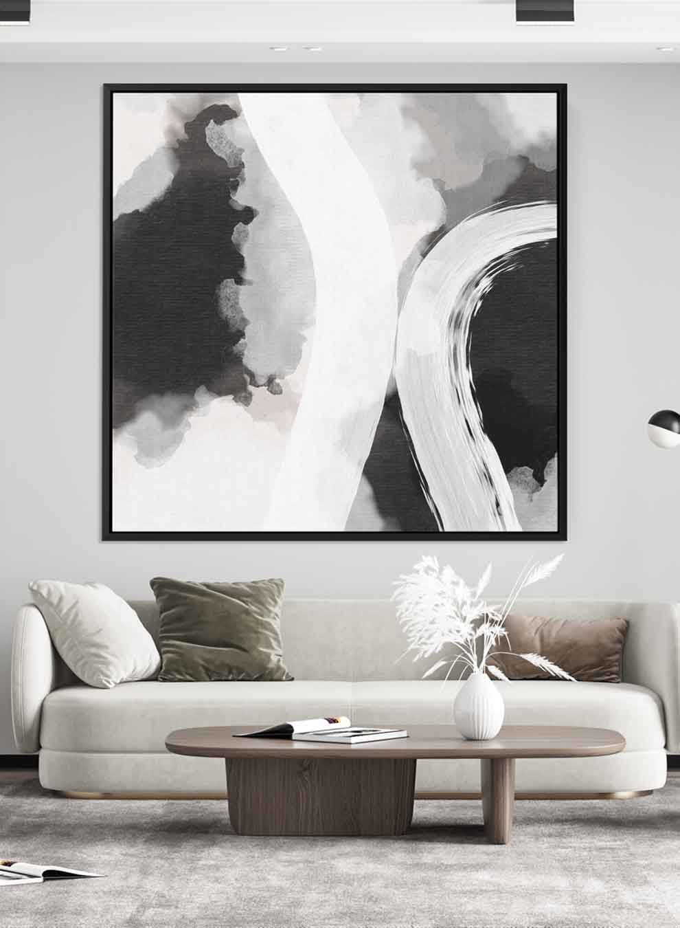 Square Canvas Wall Art Stretched Over Wooden Frame with Black Floating Frame and Black White Abstract Painting Paintings & Pictures| LOWHA