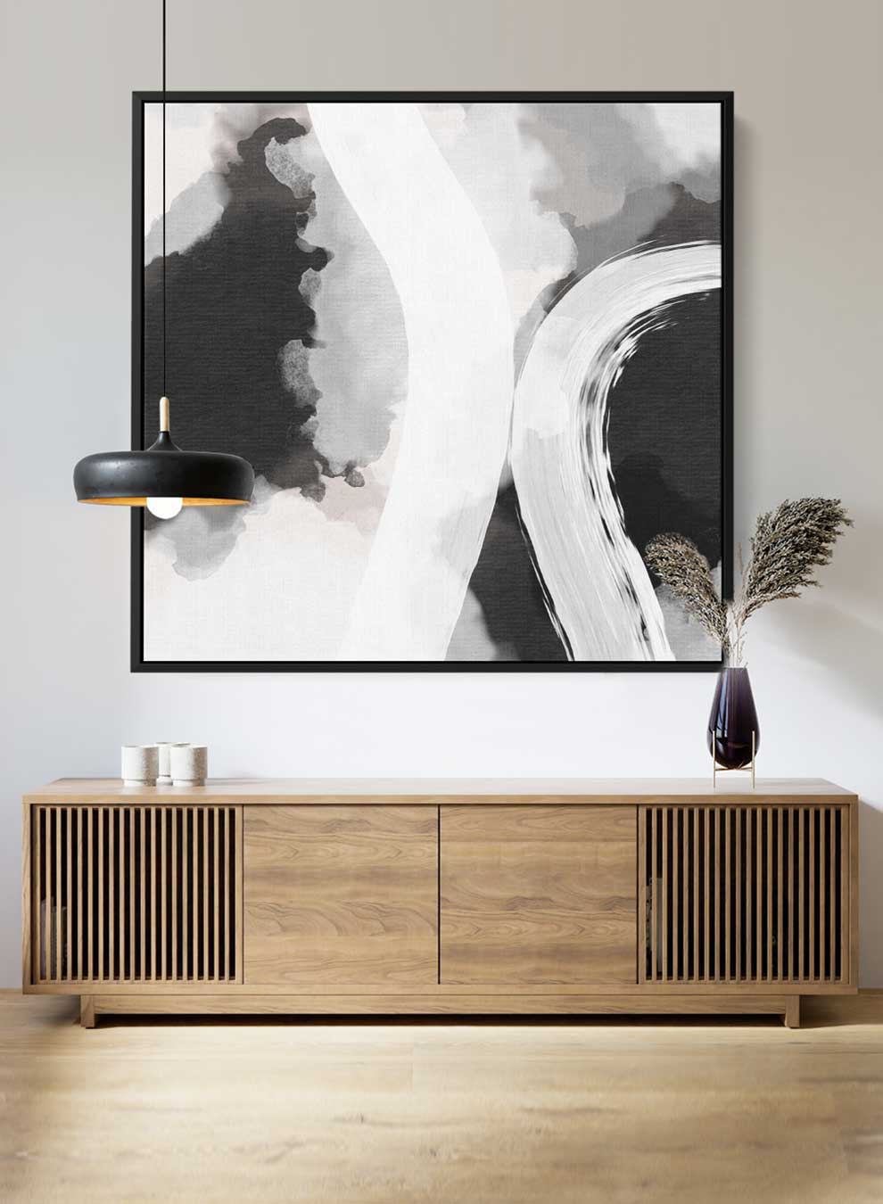 Square Canvas Wall Art Stretched Over Wooden Frame with Black Floating Frame and Black White Abstract Painting Paintings & Pictures| LOWHA
