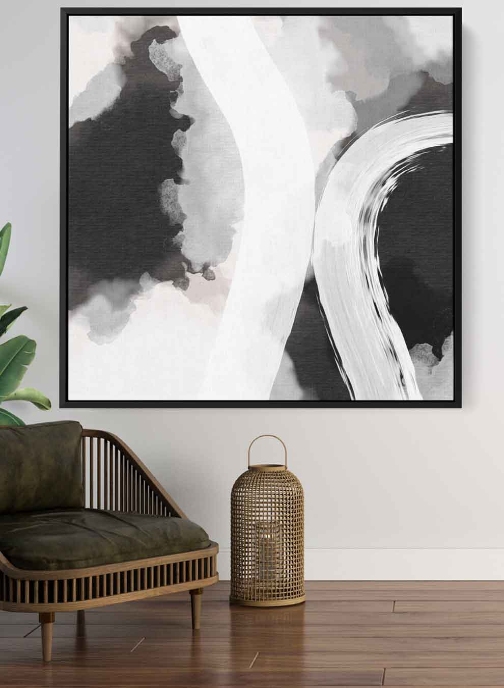 Square Canvas Wall Art Stretched Over Wooden Frame with Black Floating Frame and Black White Abstract Painting Paintings & Pictures| LOWHA