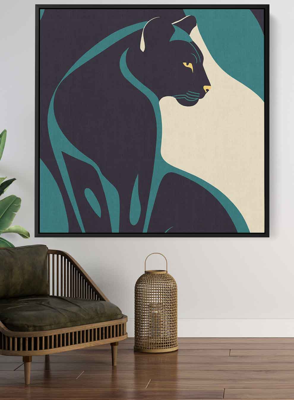 Square Canvas Wall Art Stretched Over Wooden Frame with Black Floating Frame and Black/Panther Painting Paintings & Pictures| LOWHA