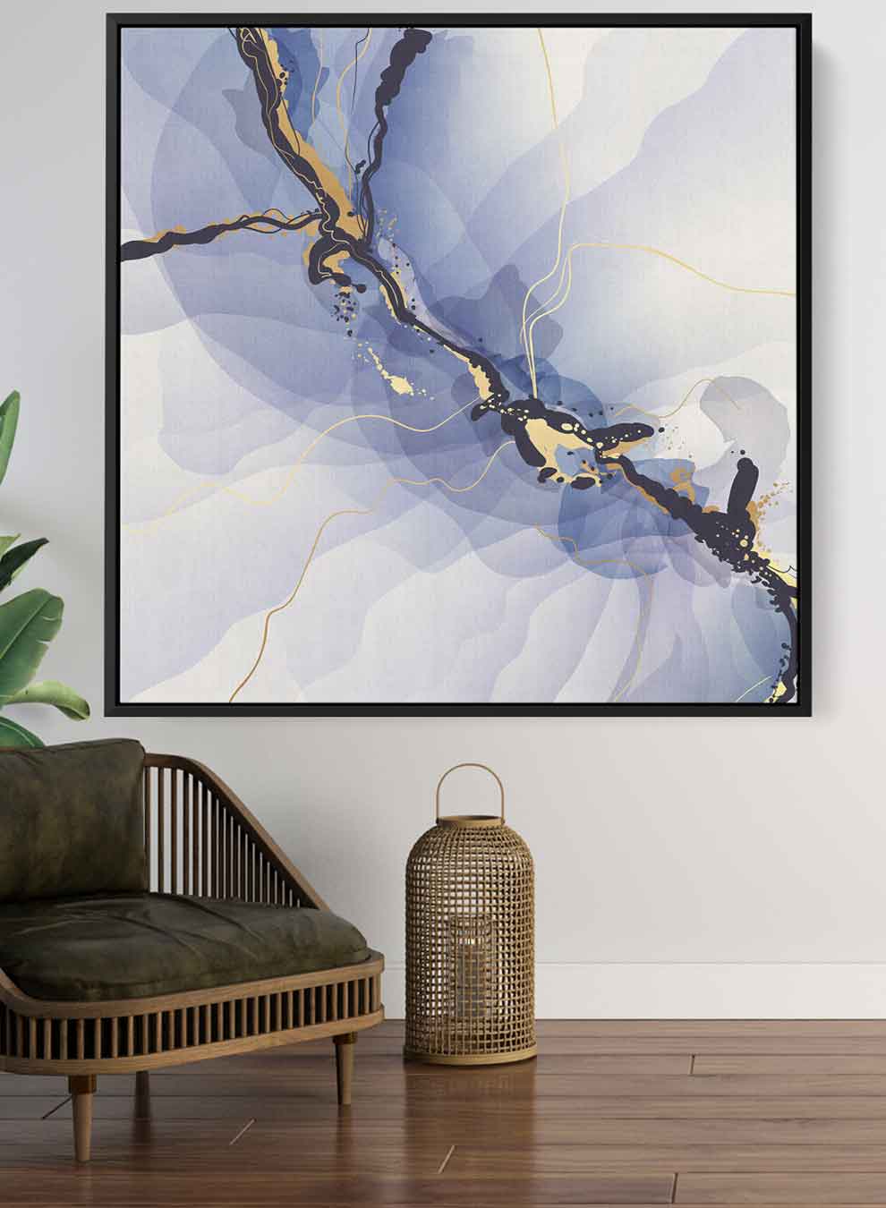 Square Canvas Wall Art Stretched Over Wooden Frame with Black Floating Frame and Blue Abstract Painting Paintings & Pictures| LOWHA