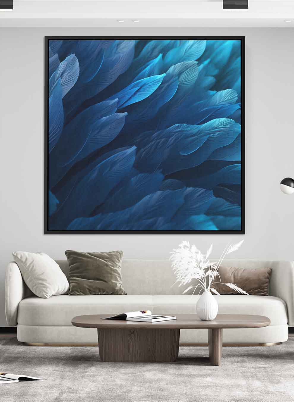 Square Canvas Wall Art Stretched Over Wooden Frame with Black Floating Frame and Blue Birds Feathers Painting Paintings & Pictures| LOWHA