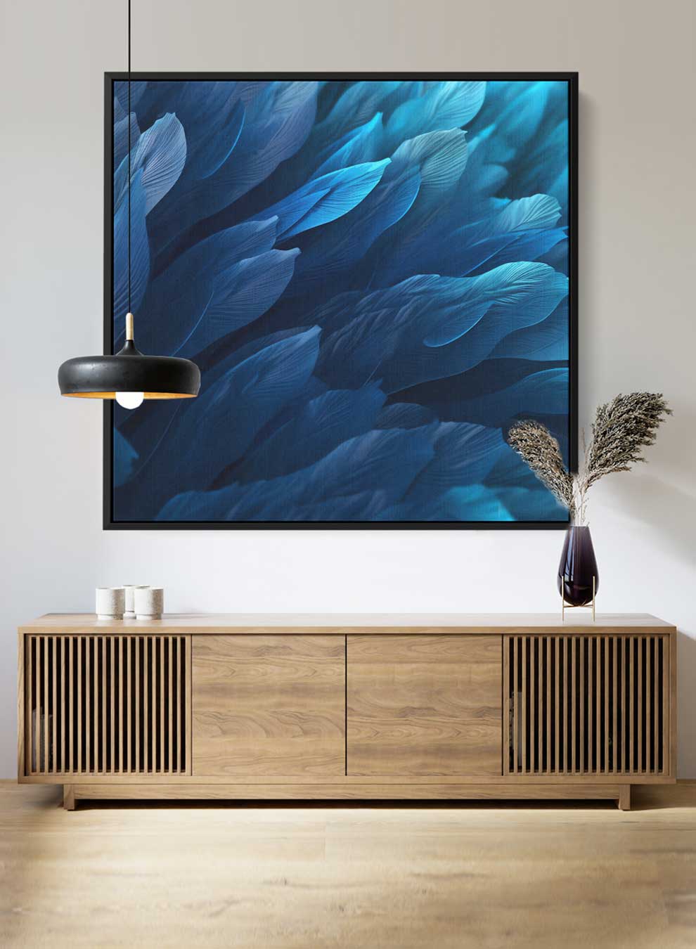 Square Canvas Wall Art Stretched Over Wooden Frame with Black Floating Frame and Blue Birds Feathers Painting Paintings & Pictures| LOWHA