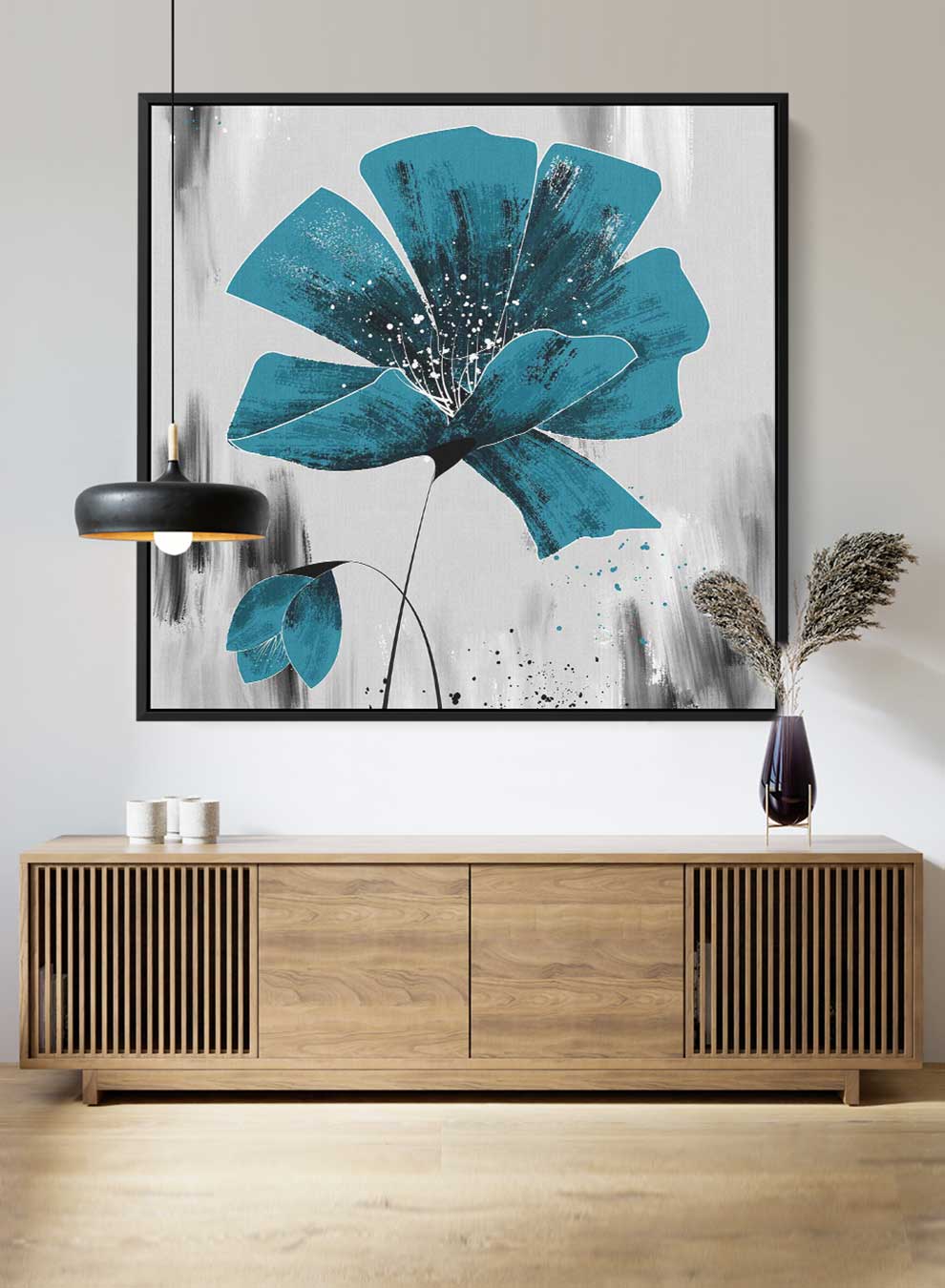 Square Canvas Wall Art Stretched Over Wooden Frame with Black Floating Frame and Blue Shades Oil Painting Paintings & Pictures| LOWHA
