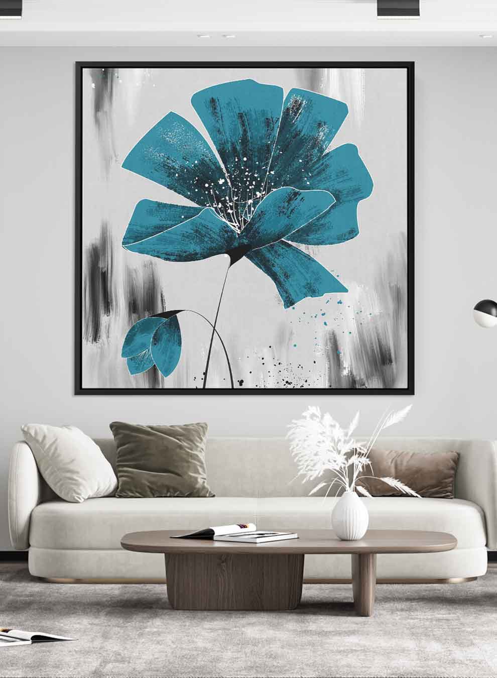 Square Canvas Wall Art Stretched Over Wooden Frame with Black Floating Frame and Blue Shades Oil Painting Paintings & Pictures| LOWHA