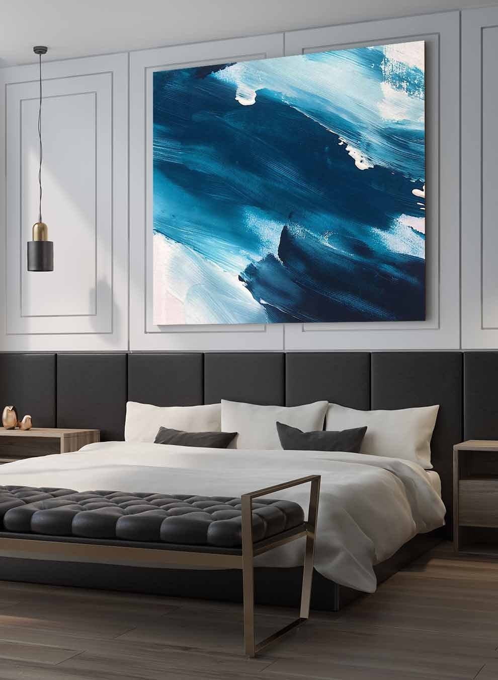 Square Canvas Wall Art Stretched Over Wooden Frame with Black Floating Frame and Blue Waves Abstract Painting Paintings & Pictures| LOWHA