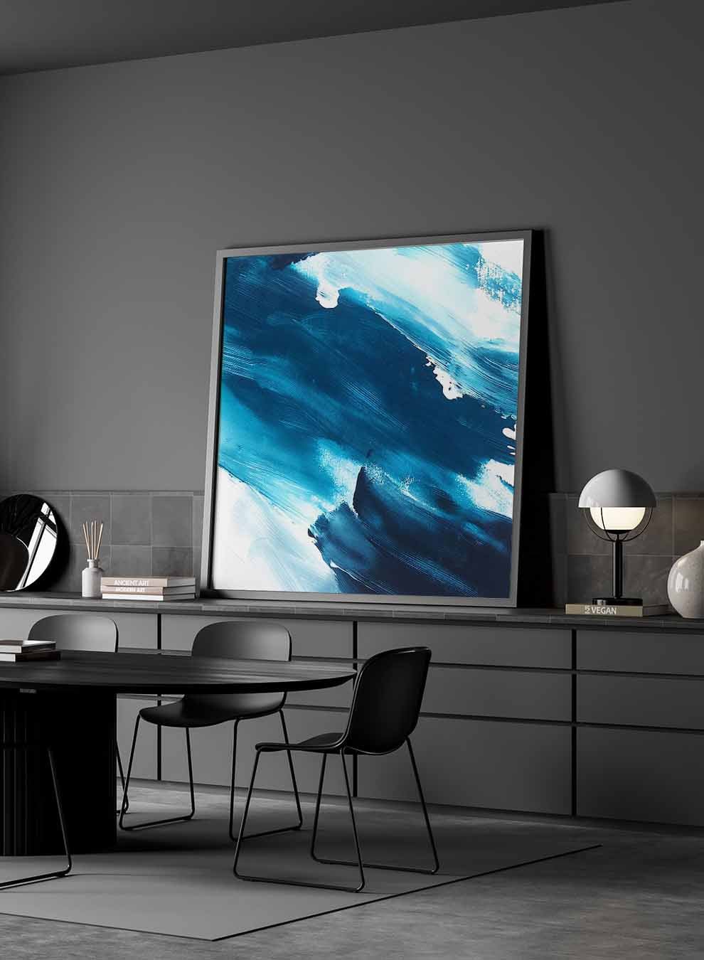 Square Canvas Wall Art Stretched Over Wooden Frame with Black Floating Frame and Blue Waves Abstract Painting Paintings & Pictures| LOWHA