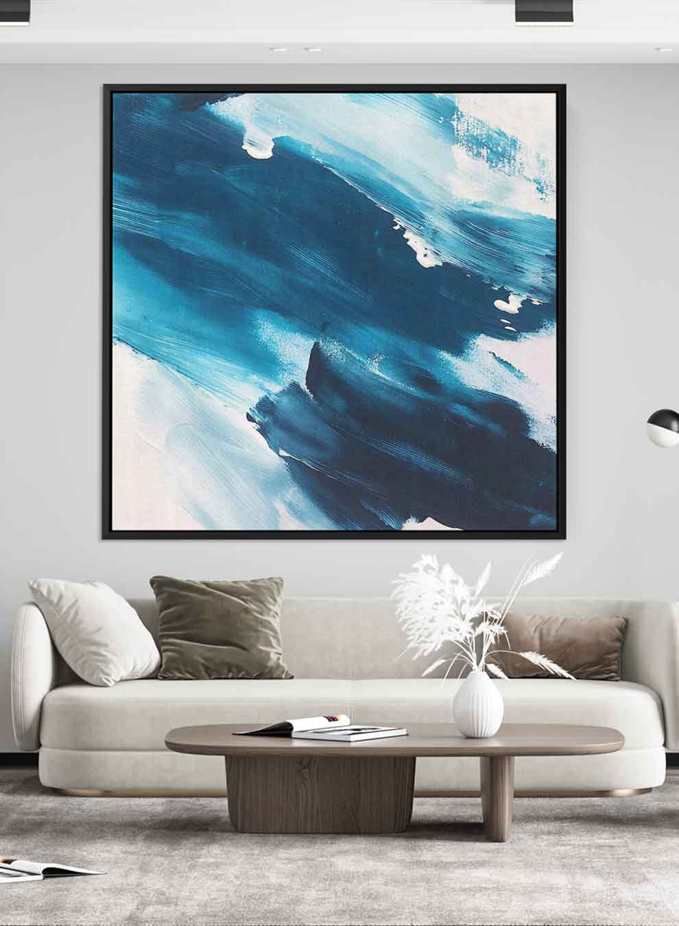 Square Canvas Wall Art Stretched Over Wooden Frame with Black Floating Frame and Blue Waves Abstract Painting Paintings & Pictures| LOWHA