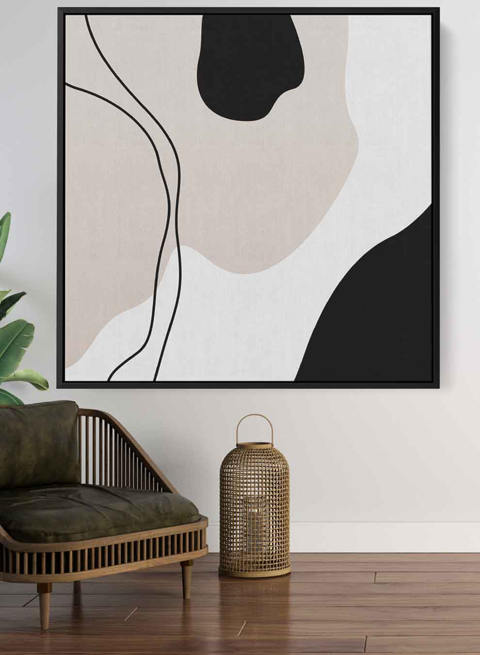 Square Canvas Wall Art Stretched Over Wooden Frame with Black Floating Frame and Boho Abstract Painting Paintings & Pictures| LOWHA