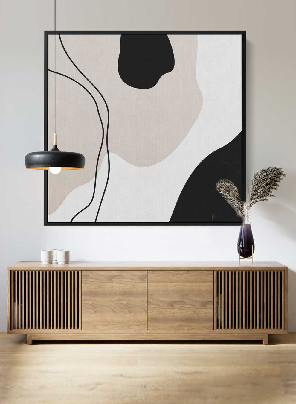 Square Canvas Wall Art Stretched Over Wooden Frame with Black Floating Frame and Boho Abstract Painting Paintings & Pictures| LOWHA
