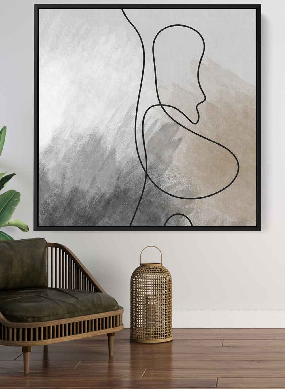 Square Canvas Wall Art Stretched Over Wooden Frame with Black Floating Frame and Boho Art Painting Paintings & Pictures| LOWHA