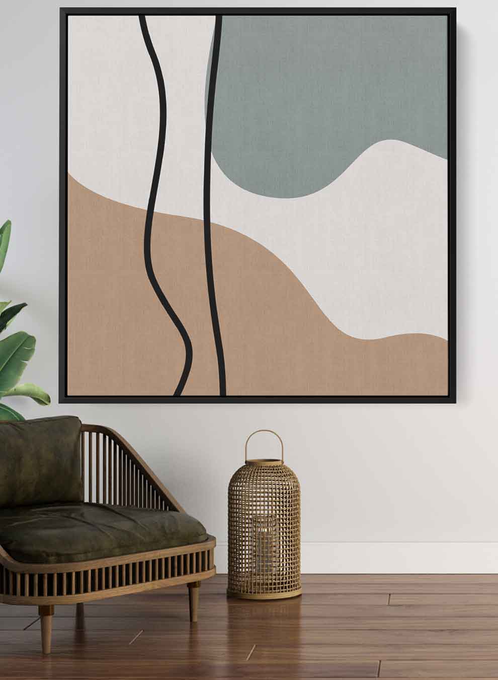 Square Canvas Wall Art Stretched Over Wooden Frame with Black Floating Frame and Boho Painting Paintings & Pictures| LOWHA