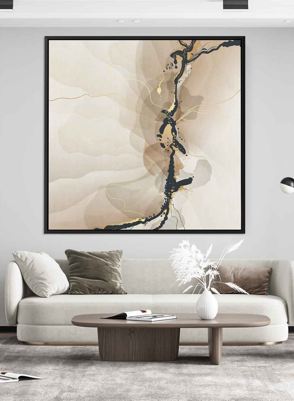 Square Canvas Wall Art Stretched Over Wooden Frame with Black Floating Frame and Brown Abstract Painting Paintings & Pictures| LOWHA